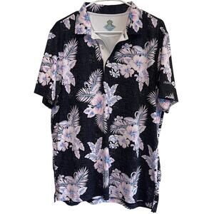 Chubbies Men's Sz M Hawaiian Short Sleeve Polo Shirt Black Pink Flamingos Floral